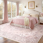 Area Rugs 7'x9' Washable Non-Slip, Floral Vintage Distress Print Pattern Medallion Carpet for Living Room Bedroom Dining Room, Pink Greypink Cute