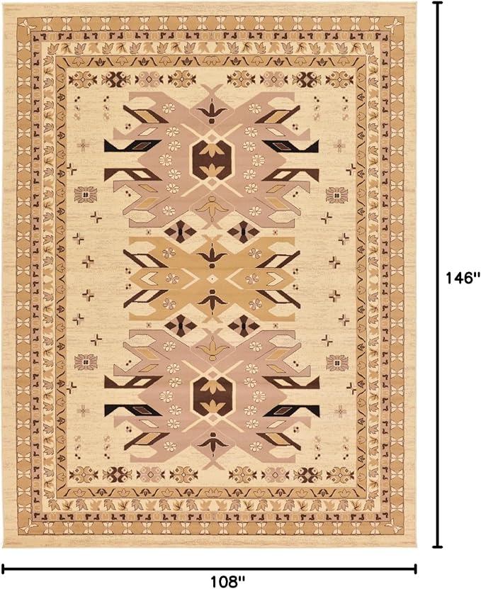 Unique Loom Taftan Collection Border Geometric Tribal Inspired Design Area Rug (9' 0 x 12' 0 Rectangular, Ivory/ Tan)