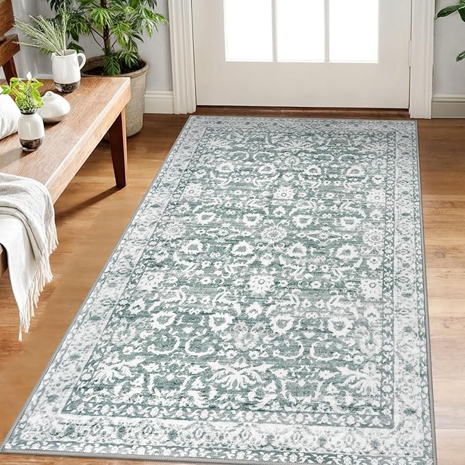 Vintage Floral 3x5 Rug, Sage Green White Entryway Rug Small Area Rug Washable Non-Slip Throw Rug, Thin Printed Faux Wool Low-Pile Kitchen Rugs Super Soft Capet for Entrance Bedroom Office