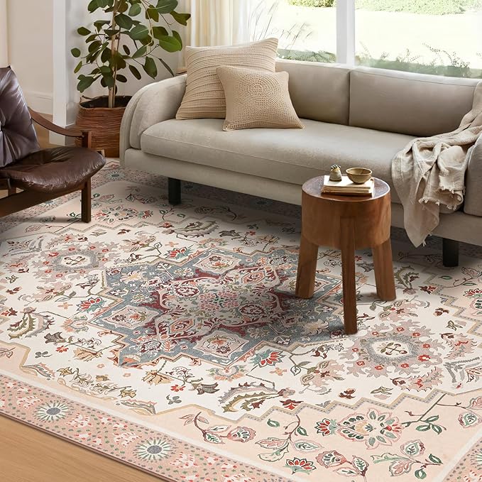 Phantoscope Washable Area Rug 4'x6' Non-Slip, Vintage Boho Rugs for Living Room, Bedroom, Dining Room, Persian Floral Medallion Pattern, Low-Pile Foldable Floor Carpet, Ivory Rose/Fall Bloom