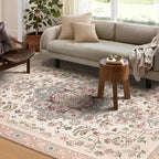 Phantoscope Washable Round Area Rug 6ft Non-Slip, Vintage Boho Rugs for Living Room, Bedroom, Dining Room, Persian Floral Medallion Pattern, Low-Pile Foldable Floor Carpet, Ivory Rose/Fall Bloom