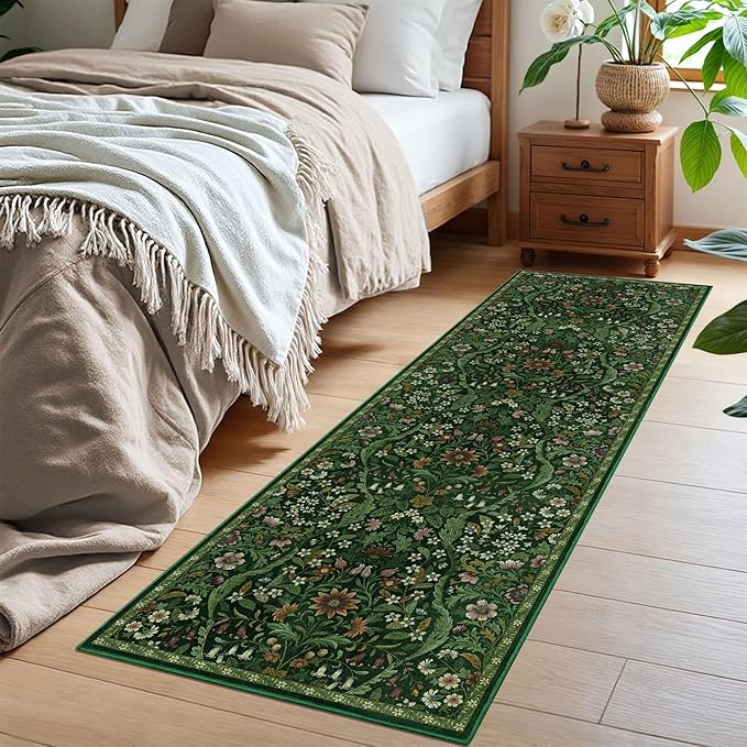 2x6 Washable Runner Rug,Dark Green Floral Boho Area Rug for Hallway,Low-Pile Non-Slip Stain Resistant Carpet for Kitchen, Bedside,Laundry Room,Entryway