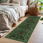 2x6 Washable Runner Rug,Dark Green Floral Boho Area Rug for Hallway,Low-Pile Non-Slip Stain Resistant Carpet for Kitchen, Bedside,Laundry Room,Entryway