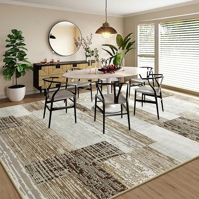 Large Area Rugs,Modern Geometric Patchwork Floor Decor for Bedroom Aesthetic Carpet, Rockwood Collection, Indoor Rugs for Living Room, Dining Room, Nursery, Office, Machine Washable Rug,5x8 Ft Beige