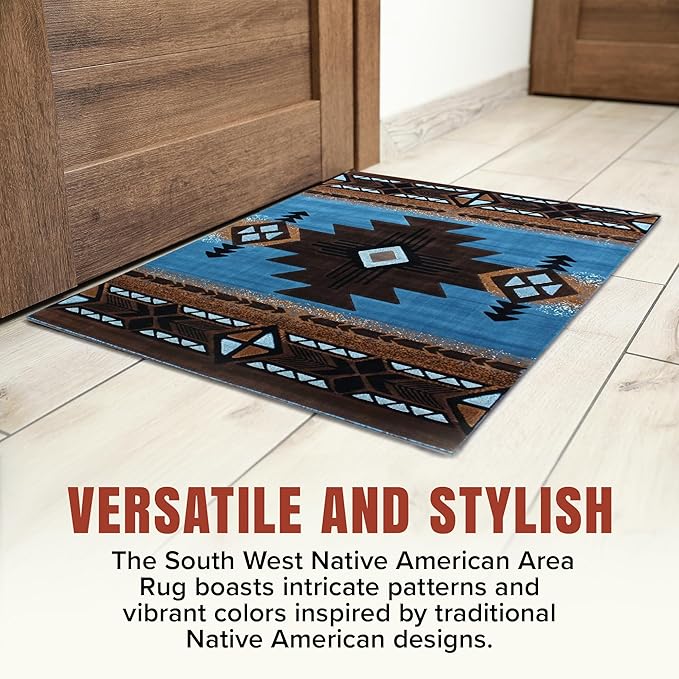 YHSF South West Native American Area Rug C318 - Easy Clean, Thick, Soft, Durable Native Tribal American Indian Inspired Rug for Bedroom/Living Room and More - Blue-Brown, 8 Feet x 10 Feet