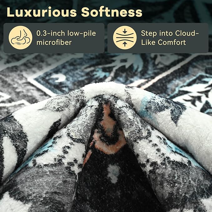 YJ.GWL Area Rugs for Living Room 8x10 Machine Washable Rugs, Non Slip Floral Vintage Rug Indoor Carpet, Stain Resistant Large Rug for Bedroom Dining Room, Black Grey Blue