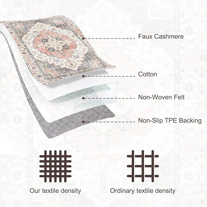 VK VK·LIVING Machine Washable Rug 6'x9' Vintage Design Washable Area Rugs with Non Slip Rugs for Living Room Bedroom Traditional Woven Carpet Stain Resistant, Dining Office Boho Rug (Mistyrose)