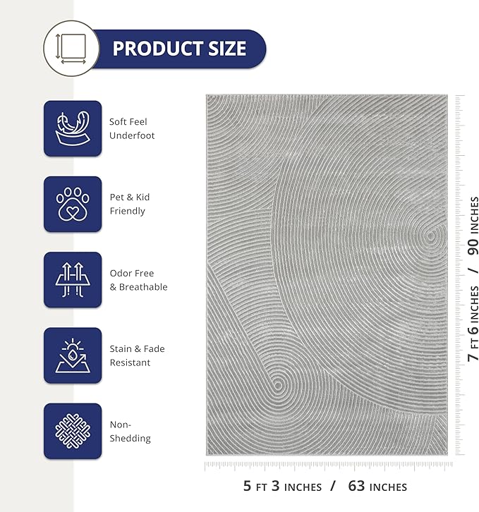 Abani Grey Area Rug for Living Room, Bedroom - Zen Reiki Pattern- 5 x 8 -Durable & Easy to Clean