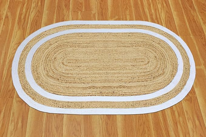 Oval Runner 2.6x24 Kilim Jute Runner Natural Oval Thick 0.27" Solid Design Beige White Hand Braided Jute Flatweave Mat Handmade Boho Indoor Outdoor Rugs for Hallway Enterway Staircases Corridor