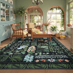 Boho Washable Living Room Bedroom Area Rug 8x10 Under Bed, Floral Large Living Dining Room Area Rugs for Under Table, Non Slip Botanical Indoor Carpet for Home Office Playroom (Black,8 x 10)