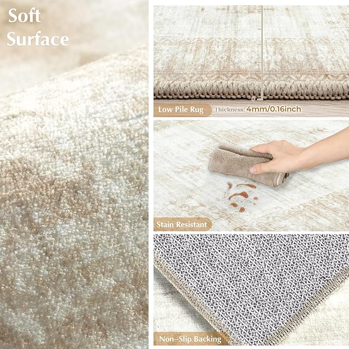 Runner Rug 2x6 Entryway Rug - Machine Washable Vintage Boho Area Rug Non-Slip Kitchen Runner Soft Stain Resistant Runners for Hallways Entryway Laundry Kitchen Bathroom Bedroom (Beige, 2'x6')