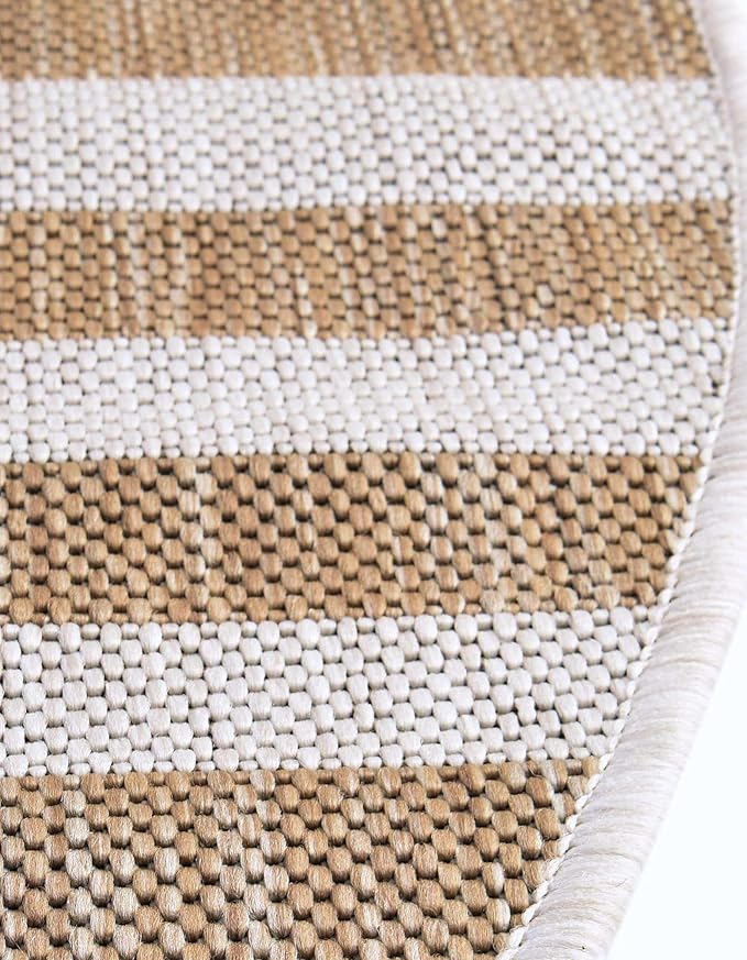 Unique Loom Outdoor Striped Collection Area Rug - Striped (7' 10" Round Taupe/Ivory)