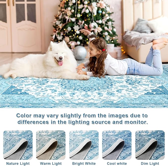 5x7 Area Rug for Bedroom, Machine Washable Rugs with Non-Slip Backing for Living Room, Soft Vintage Carpet Kitchen Laundry Kids Room Decor, Celestial Blue