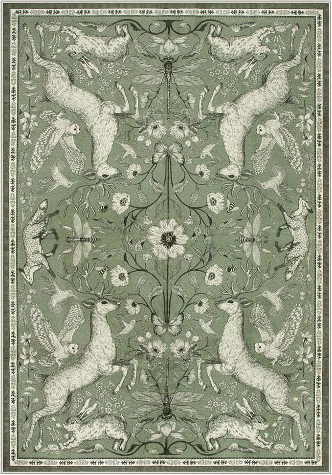 Lahome Boho Animal 6x9 Washable Living Room Area Rugs, Green Soft Rugs for Bedroom, Botanical Large Boho Non Slip Dining Room Carpet for Under Table Office Kids Playroom (6x9ft,Green)