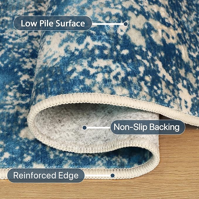 5x7 Area Rugs Washable Blue Rug for Living Room Bedroom, Abstract Modern Large Rug Non Slip, Water Repellent Low Pile Soft Carpet for Dining Room, Blue Ivory