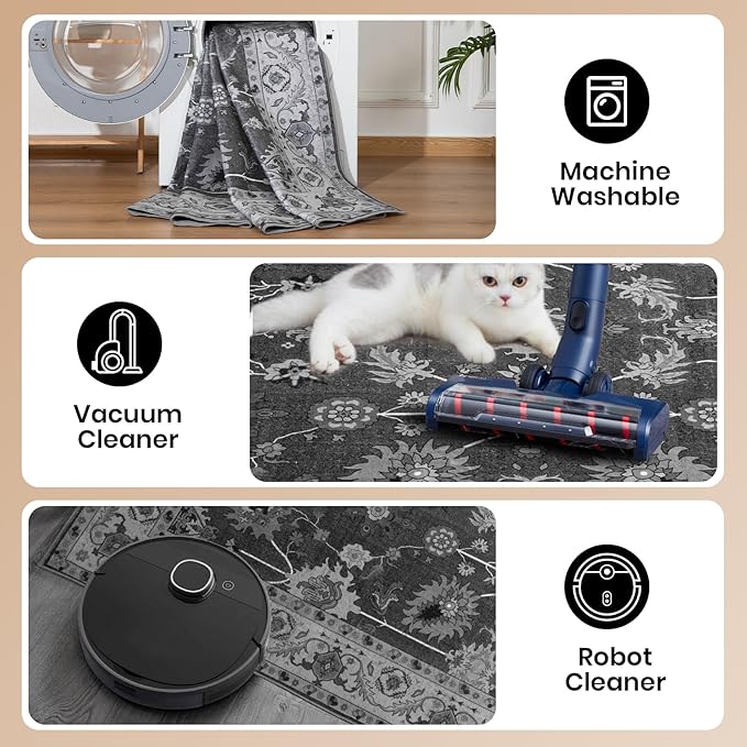 Area Rug 5x7, Washable Faux Wool Throw Rugs for Living Room, 0.3″ Non Slip Low Pile Vintage Boho Carpet for Ding Room, Home Office, Bedroom, Kids Room, Bedside (Black)