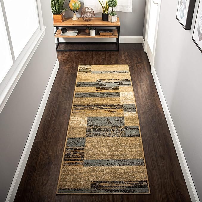 SUPERIOR Indoor Runner Rug, Jute Backed, Modern Geometric Patchwork Floor Decor for Bedroom, Office, Living Room, Entryway, Hardwood Floors, Rockwood Collection, 2' 7" x 10', Light Blue-Beige