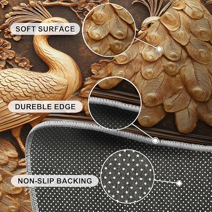 Peacock Rugs for Bedroom - 3x4 Rug, European Style Area Rugs for Living Room, Peacock Decor Carpet, Gold Peafowl Washable Area Mat, Luxury Carpet - Peafowl Home Decor & Gifts