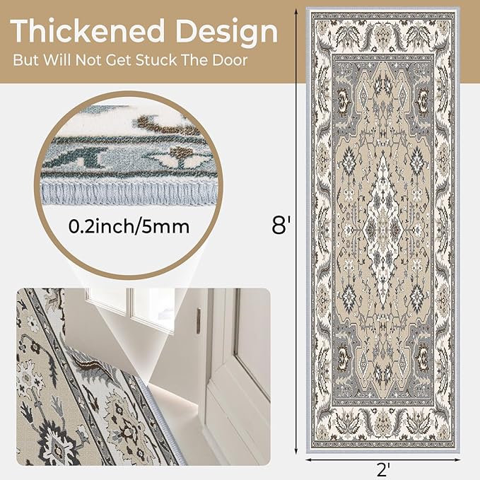 Hallway Runner Rug 2x8ft Kitchen Runner Rug Non Slip Washable Runner Rugs, Thick Faux Wool Carpet Runner Rugs with Rubber Backing for Hallway, Kitchen, Entryway, Living Room, Bedroom, Laundry