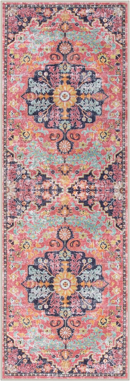 Lahome Bohemian Floral Medallion Runner Rug - 2'8"x8' Hot Pink Hallway Rug Runner, Soft Machine Washable Non-Slip Bedside Mat Cute Indoor Carpet for Kitchen Entryway Chair, Fuchsia/Multi