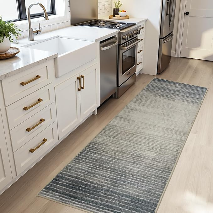 Joydeco 2x6 Runner Rug for Hallway, Modern Abstract Non-Slip Soft Washable Rugs, Low Pile Carpet for Entryway, Bedroom, Kitchen, Laundry, Beige & White & Dark Gray