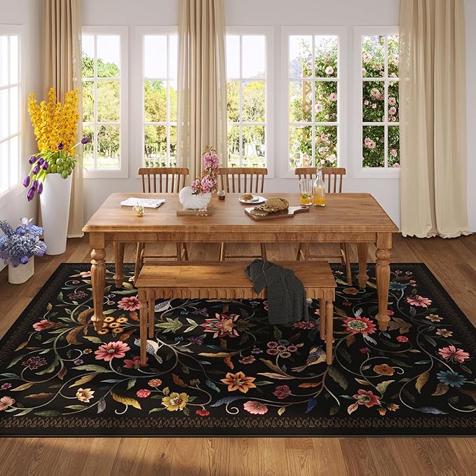 Vintage Medallion Floral Area Rugs 8x10 Clearance, Machine Washable Non-Slip, Low Pile Soft Large Carpet for Living Room, Bedroom, Dining Room, Farmhouse, Kids Playroom, Office | Black