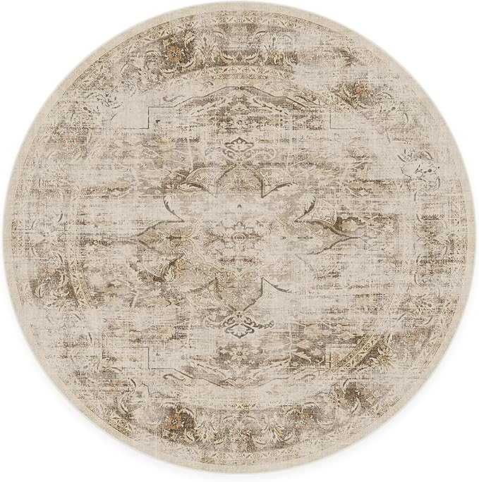 RUGGABLE Washable Vintage Area Rug – Sarrah Hazel 6 ft Round, Stain-Resistant, Non-Slip – Medium Machine Washable Rugs for Living Room, Bedroom, Hallway, Entryway & Office–with Cushioned Pad