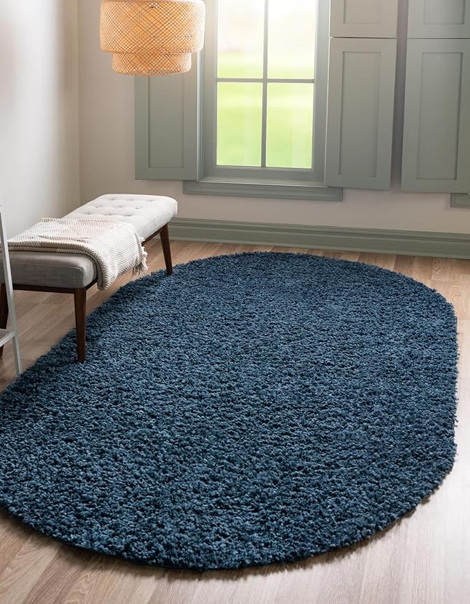 Unique Loom Davos Shag Collection Area Rug - Solid (3' 3" x 5' 3" Oval, Marine Blue)