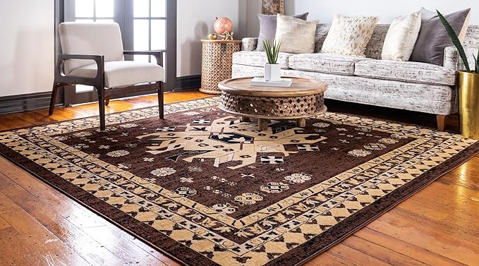 Unique Loom Taftan Collection Border Geometric Tribal Inspired Design Area Rug (8' 0 x 8' 0 Square, Brown/ Tan)