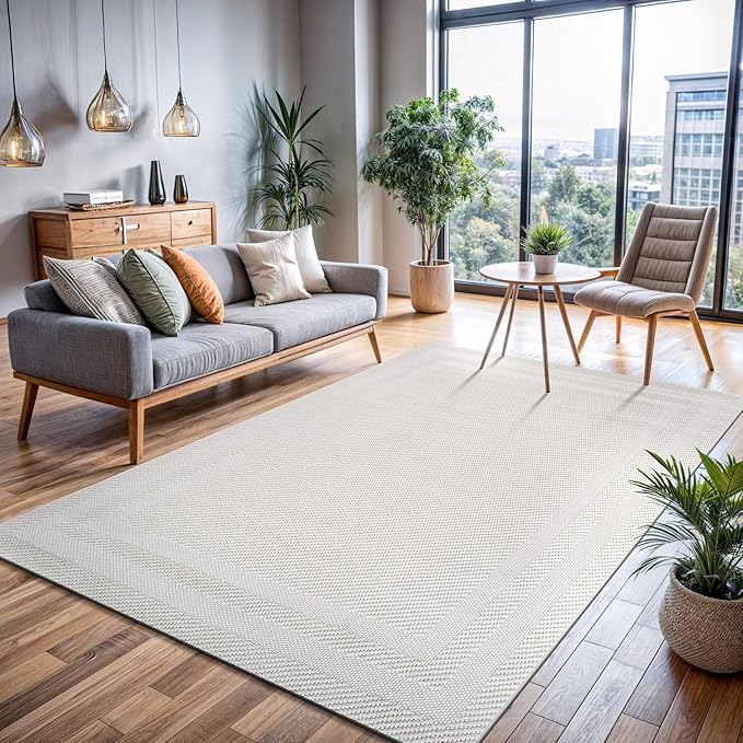 CAMILSON Micro Loop Rug 6x9 Modern Luxury Bordered Area Rugs Soft High and Low Pile Stain Resistant Easy-Cleaning Non-Shedding for Living Room Office Indoor Carpet (6 x 9 / White)