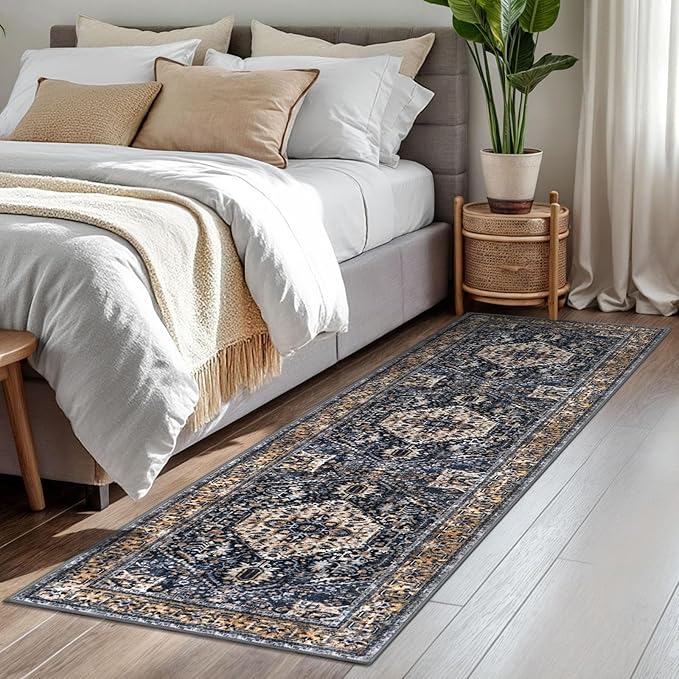 KOZYFLY Runners for Hallways 2x7 Ft Washable Kitchen Runner Rug Boho Runner Rug for Entryway Indoor Gold Navy Printed Oriental Faux Wool Floor Carpet Runner for Bedroom Kitchen Hall
