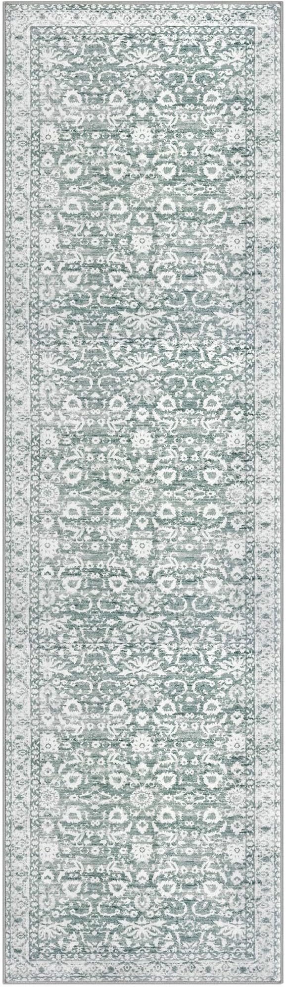 Vintage Floral 2x7 Runner Rug, Sage Green White Washable Kitchen Runner Rug Non-Slip Hallway Rug Runner Boho Super Soft Thin Printed Faux Wool Carpet for Entryway Bedroom Laundry Room Indoor