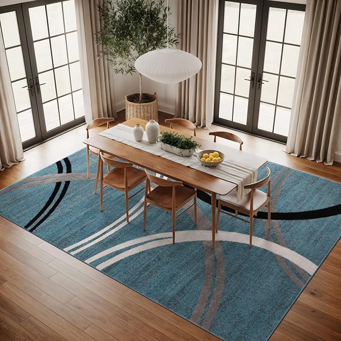 Rugshop Modern Wavy Circles Design Area Rug, Fade-Resistant Carpet Alfombras, Perfect for Bedroom, Dining Room and Living Room, Blue, 8'8" x 12'
