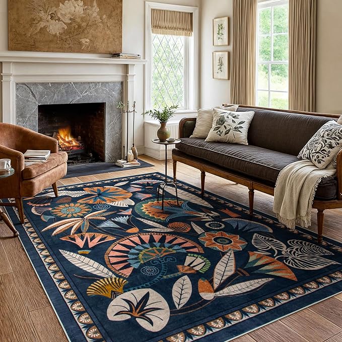 Egypt Floral Washable 5x7 Area Rug for Living Room, Large Boho Bedroom Dining Room Rugs for Under Table, Vintage Non Slip Soft Throw Carpet for Playroom Office Apartment (Dark Blue, 5 x 7)