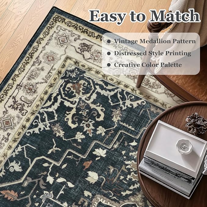 Vintage Distressed 8x10 Rugs for Living Room Bedroom, Washable Non Slip Dining Room Rugs for Under Table, Low Pile Thin Soft Carpet Farmhouse Dark Medallion Printed, Midnight/Multi