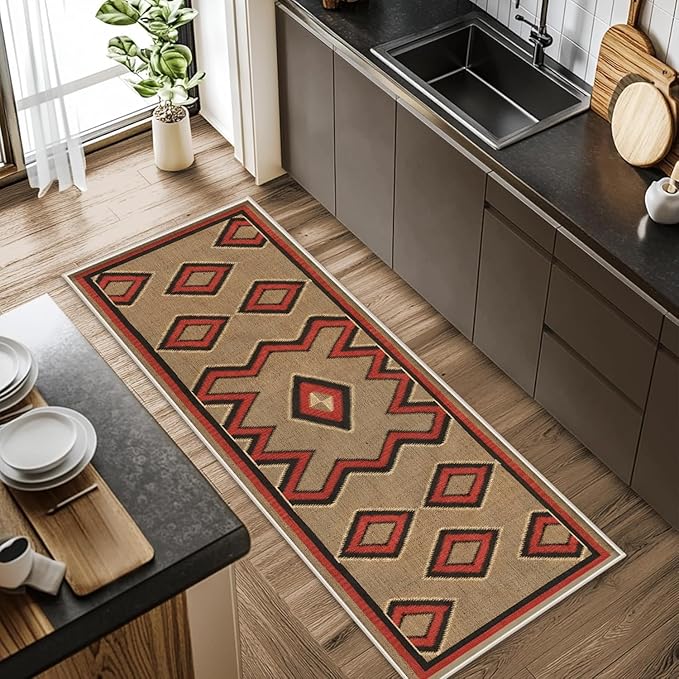 Brown Base Red Black Diamond Runner Rug, 2x10ft Zigzag Pattern Hallway Runner Rug, Corridor & Foyer High-Traffic Area Rugs, Durable Flannel Carpet Non-Slip Mat, Southwestern Home Decor