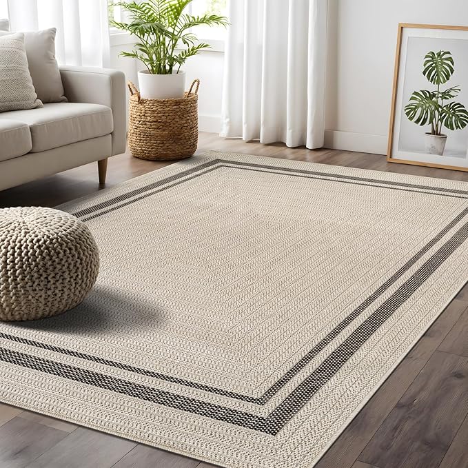 Beverly Rug Easy Jute Bordered Rug 6x9 Washable Durable Indoor Outdoor Area Rugs for Living Dining Room Patio Office Stain Resistant Non Shedding Casual Indoor Outside Carpet 6 x 9 Off-White