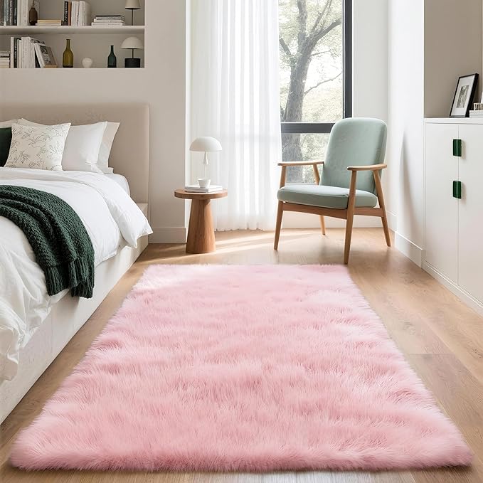 3x5 Solid Fluffy Pink Area Rug – Washable, Durable, Living Room Rug, Non-Slip High Pile Shag Rugs for Bedroom, Living Room, Bedside, Dorms, Nursery Rooms, Kids Room, Soft Indoor Floor Carpet