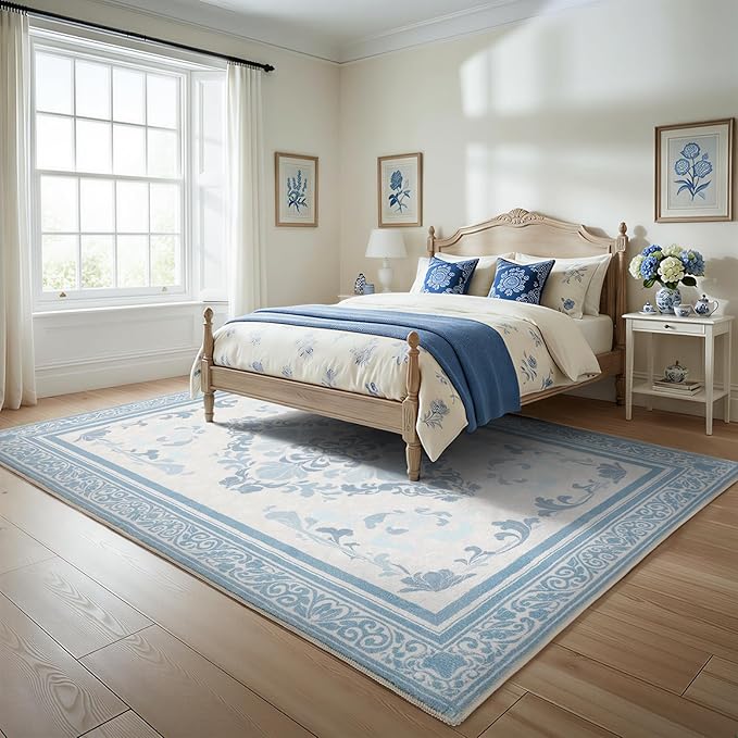 SOULFUL Medium Pile 2x3 Entryway Rug - Soft Foot Feel Small Area Rug - Mist Blue Boho Floral - Washable Non-Slip - Perfect for Hallway Kitchen Bedroom Bathroom Indoor Entrance