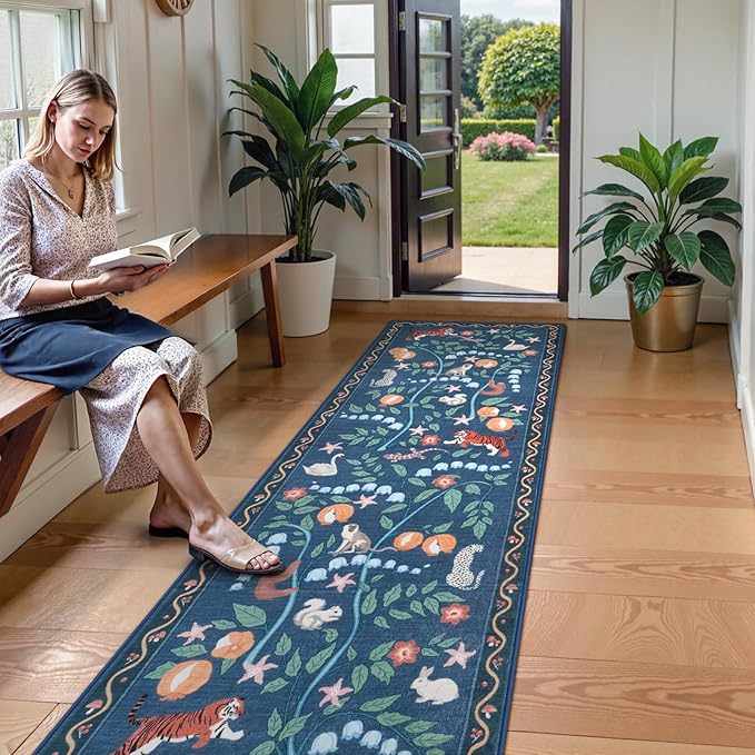 Collive Kitchen Runner Rugs Non Slip, Washable Jungle Animal Carpet Runners for Hallway Bathroom 2.6x8ft, Soft Bedroom Rug Blue Ultra Thin Stain Resistant Indoor Mats for Entryway, Bedside