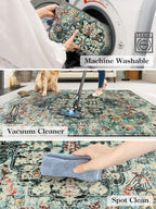 Lahome Bohemian Floral Medallion Round Rug - 3Ft Small Bedroom Round Area Rug Soft Bathroom Circle Mat, Teal Vintage Non Slip Machine Washable Entryway Carpet for Nursery Kitchen Family Room