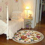 4ft Round Machine Washable Area Rug for Living Room, Beige Vintage Boho Floral Rug Large Non-Slip Low Pile Soft Faux Wool Carpet, Kids and Pets Friendly for Bedroom Nursery Farmhouse Home Decor Rug