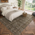 Washable 5x7 Area Rugs for Living Room, Boho Non-Slip Vintage Distress Rugs for Bedroom Dining Room Nursery Office, 0.3" Neutral Oriental Throw Thin Carpet with Cushioning Pad, Rust/Multi