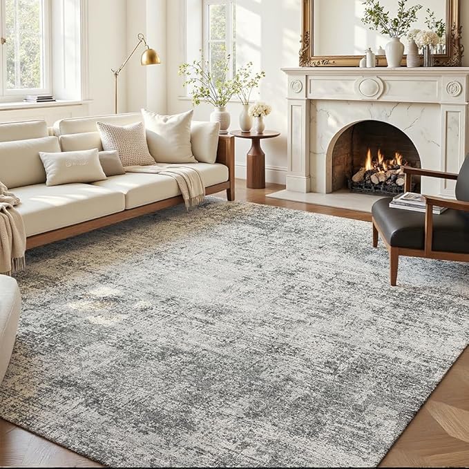 Area Rug 6x9 Washable Rug Light Grey for Living Room, Dining Room, Bedroom, Large Carpets, Non Slip & Non-Shedding Low Pile Vintage Print Rug for Home Office Decor