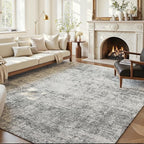 Area Rug 6x9 Washable Rug Light Grey for Living Room, Dining Room, Bedroom, Large Carpets, Non Slip & Non-Shedding Low Pile Vintage Print Rug for Home Office Decor