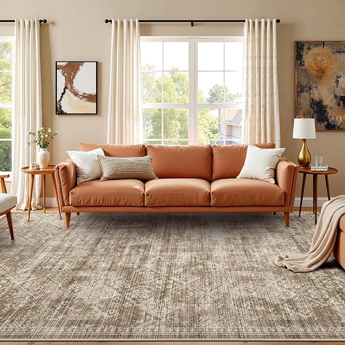 WITSHOCK 9x12 Area Rugs for Living Room: Machine Washable Non Slip Modern Abstract Carpet - Low Pile Print Rug for Bedroom Dining Room - Stain Resistant for Household - Pet Owners (Earthy Brown)