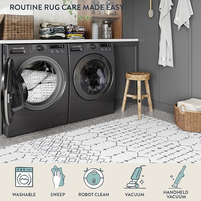 Lahome Moroccan 9x12 Washable Area Rug - Non-Slip Washable Ultra-Thin Soft Large Rug for Living Room, Modern Geometric Print Stain Resistant Carpet for Bedroom Dining Room, White