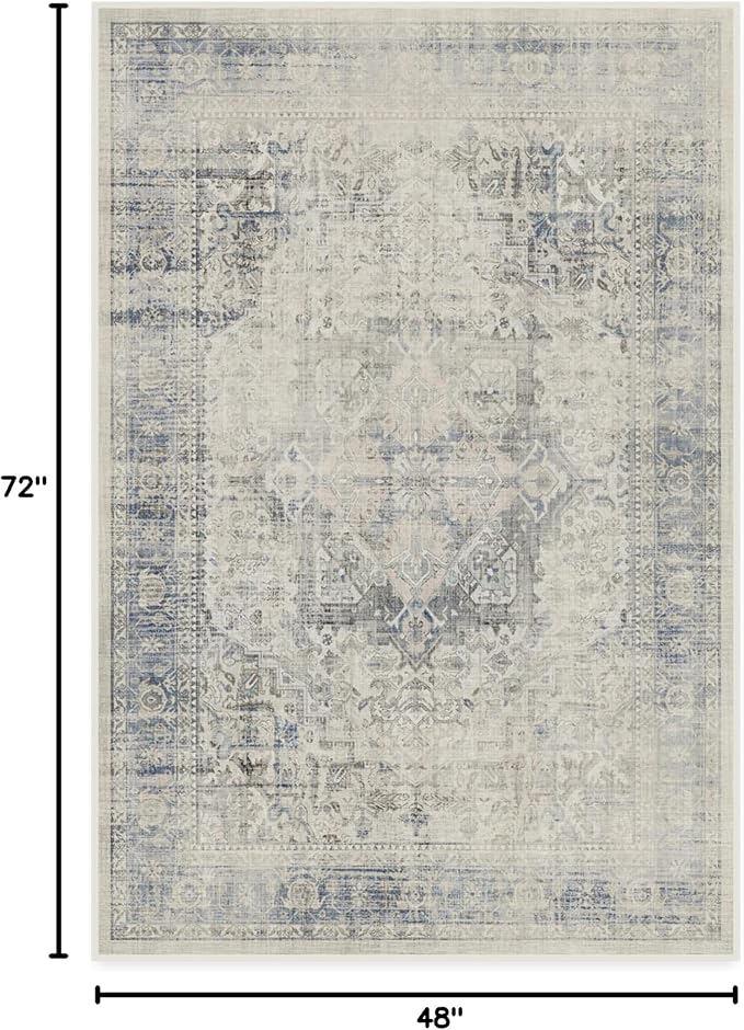 RUGGABLE Washable Vintage Area Rug – Kamran Blue Quartz 4x6, Stain-Resistant, Non-Slip – Medium Machine Washable Rugs for Living Room, Bedroom, Hallway, Entryway & Office–with Cushioned Pad