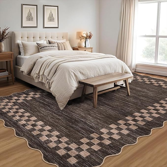GarveeHome 10x13 Area Rug Large Living Room Scalloped Rug Non Slip Low Pile Bedroom Throw Carpet Soft Modern Bordered Dining Room Rug Stain Resistant Boho Carpet for Home Office, Brown