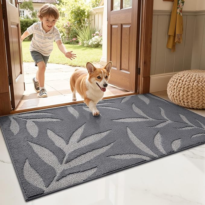 LUMI Indoor Door Mat 36x60, Washable Front Doormat with Welcome Leaf Pattern, Non-Slip Rubber Back Absorbent Mats for Entrance, Patio, Garage, Light Grey